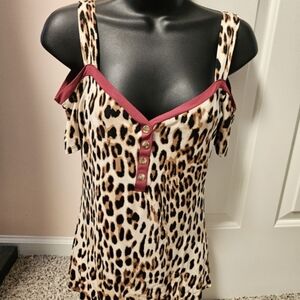 Leopard Print Cold Shoulder Top with Red Accents By VENUS